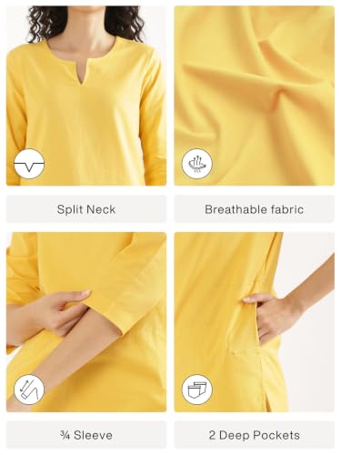 Image of SAADAA Airy Linen Mid Thigh Length Kurta for Women | Stylish Split Neck, 3 /4 Sleeves & Side Pockets | Comfortable Everyday Wear Kurta | Breathable Fabric |