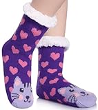FNOVCO Kids Slipper Socks Boys Girls Fuzzy Soft Thick Cozy Warm Fleece lined Winter Indoor Christmas Socks (4-7 Years, Purple Cat)