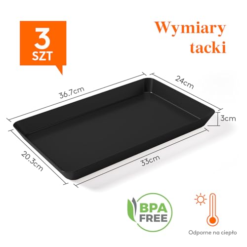 Lifewit Plastikowa taca do serwowania, półmiski do serwowania na imprezę, wolna od BPA, wielokrotnego użytku taca na przekąski, żywność, ciasteczka, zestaw 3, 14,45" x 9,45", Czarny