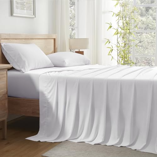 Image of Andency White Full Sheets Set 100% Viscose Derived from Bamboo | Cooling Summer Sheets, Deep Pocket Up to 16 inch, Silky Soft Hotel Luxury Breathable Bedding Sheets & Pillowcases