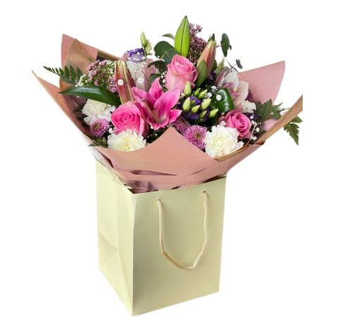 Pastel Glow Bouquet Pink Roses - Lilies, Carnations, Seasonal Floral Arrangement for Birthday Anniversary, Get Well, Thank You, Festive Occasion, Decoration