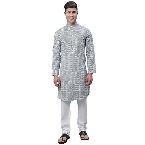 Image of SOJANYA (Since 1958 Men's Pure Cotton Blue Kurta with White Embroidery and White Pyjama Set