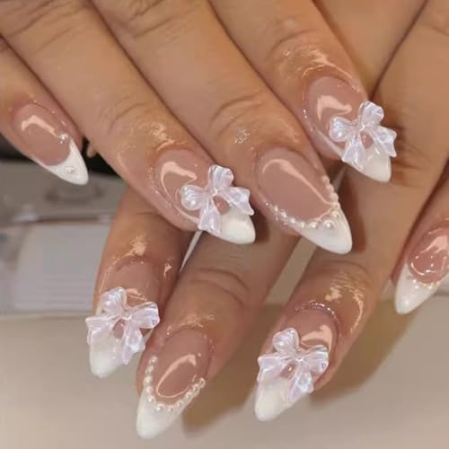 24Pcs French Tip Press on Nails Gloss Short Almond Fake Nails Bow Designs White French Nails Pearl Press ons Cute False Nails Artificial Rhinestones Stick on Nails Acrylic Nails for Women Nail Decor