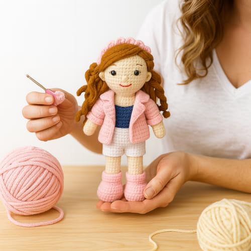 Image of Sutra Handmade Crochet Doll in Pink Jacket & White Skirt | Amigurumi Wool Plush Toy | Soft Gift for Kids, Nursery & Home Decor