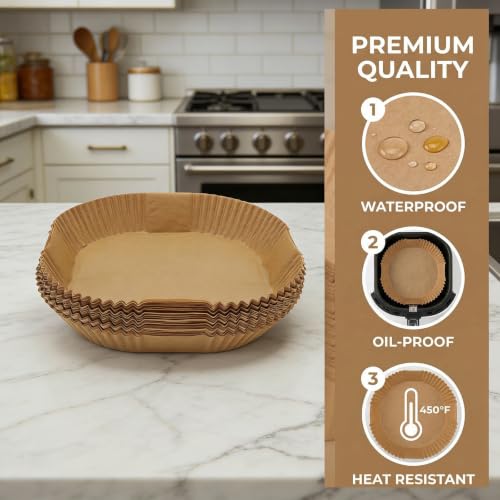 Image of 450 PCS Air Fryer Liners Disposable,Parchment Paper for 5-8 QT Air Fryer | 8 inch square air fryer liners | Non-stick & oil-proof | Heavy-duty & tear-resistant | Food-grade raw wood pulp