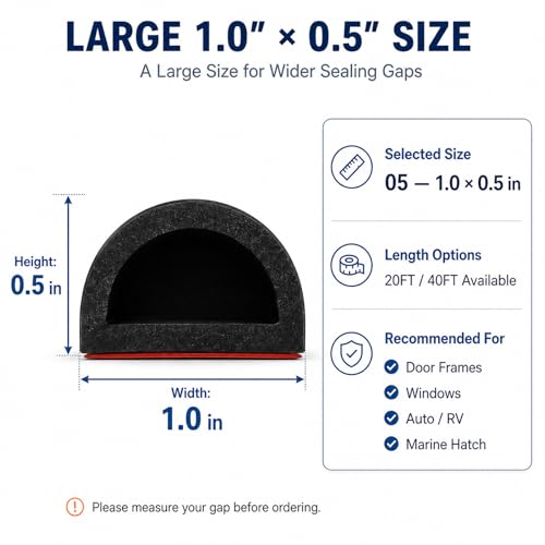 Image of Silicone Weather Stripping Door Seal, 40FT Self Adhesive D-Shaped Weather Strip, 1.0 inch W x 0.5 inch H Rubber Seal Strip for Garage Door, RV Compartment, Boat Hatch, Storage Box and Larger Gap Seal