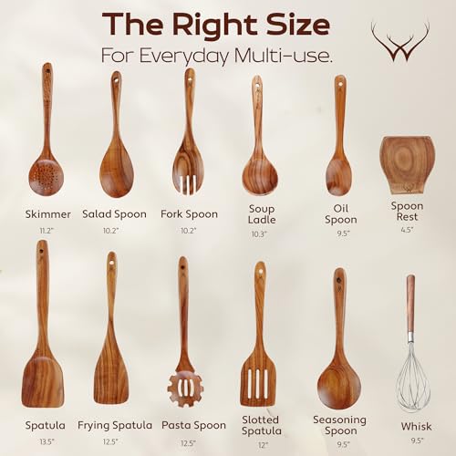 Image of 12 Pcs Wooden Cooking Utensils Set - Luxury Wooden Kitchen Utensils with Holder, Versatile Wooden Spoons for Cooking & Durable Teak Wood Utensil Set for Modern Home - Cooking spoons with Spatula