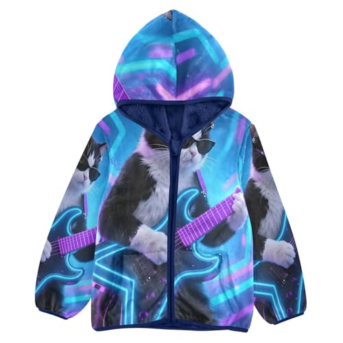 Cool Cat Plays Guitar Neon Toddler Fleece Jacket Girl Boys Hooded Fleece Jacket Coat Warm Outwear Zip-up 3-10T