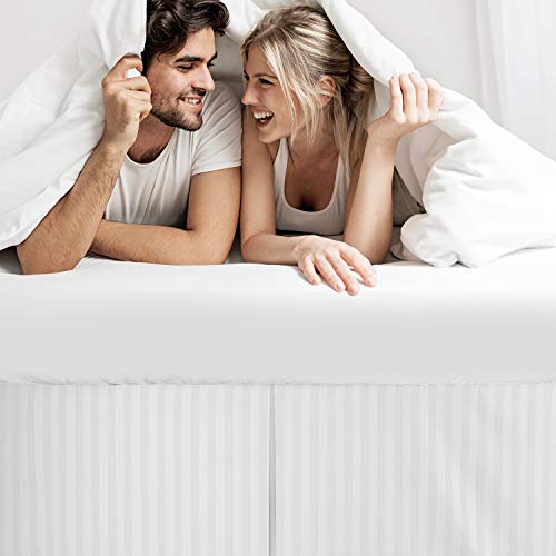 Image of Nestl Queen Bed Skirt - Damask Dobby Stripe Wrap Around Bed Skirt Queen Size - Double Brushed Microfiber 14 in Tailored Drop Pleated Bed Ruffle with Bed Skirt Pins - White