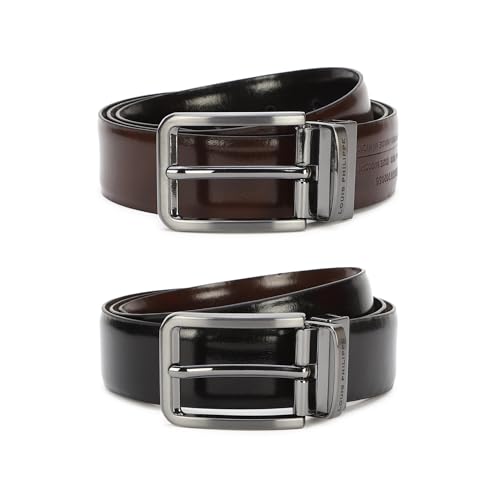 Image of Louis Philippe Men's 100% Italian Leather Brush Gun Metal Buckle Formal Reversible Belt