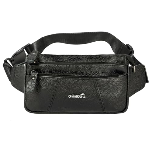 Leather Fanny Pack for Men Women,Genuine Leather Waist Belt Bag with Adjustable Strap Belt Hip Bag with Multi-Pockets for Travel Sports Running Cycling Hiking(Black)