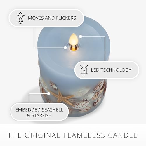 Image of Luminara Flameless LED Candle Soft Chambray Embedded Seashell & Starfish Moving Flame Pillar Unscented Real Wax with Recessed Edge (4.5-inch)