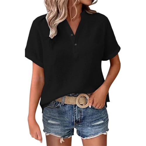 Genérico Blusa de Gasa para Mujer Camisa de Lino de Verano Blusa de Lino de Manga Corta Camiseta de Lino con Escote en V Camisa de Algodón y Lino Camiseta Casual Suelta Blusón TúNica Tops