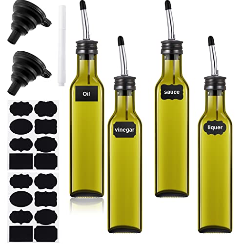 4 Pack Vinegar Cruet Olive Oil Glass Bottle Square Tall Glass Bottle Set With Stainless Steel Bottle Spout Pourer Foldable Silicone Funnel Label Sticker And Chalk Marker For Home Kitchen (Green) #TOP23