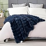 DREAMNINE Super Soft Thick Bubble Faux Rabbit Fur Throw Blanket for Couch 50' x 60', Reversible Plush Warm Winter Fluffy Blankets, Decorative Cute Cozy Bubble Furry Blanket for Bedroom Sofa, Navy Blue