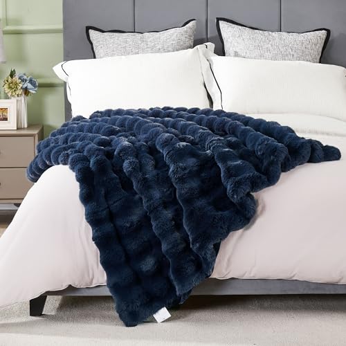 DREAMNINE Soft Faux Bubble Rabbit Fur Blanket Full Size, Thick Cozy Decorative Warm Fuzzy Fur Blanket for Bed Couch Sofa Chair Bedroom Living Room Dorm Gift, 70 * 80 Inches, Navy Blue by DREAMNINE - Used condition - Image 3