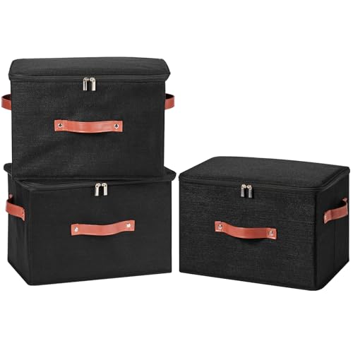 Image of 3PCS Storage Bins Boxes with Zippered Lids Cotton Linen Fabric Decorative Basket PU Leather Handles PP Plastic Board Foldable Lidded Clothing Shelf Closet Organizer Container (Black, Large)