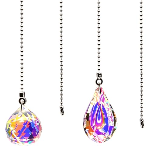 HAJXZH 2 PCS Ceiling Fan Pull Chain Extender 20 Inch Ball Chain with Decorative Crystal Suncatcher for Decorating Ceiling Fans and Chandeliers