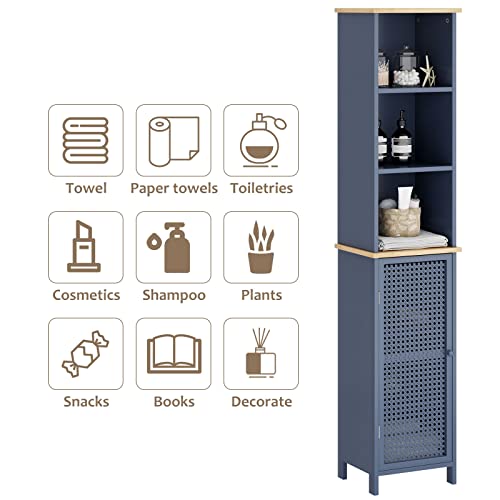 Soges Bathroom Storage Cabinet, Tall Slim Cabinet With 3 Shelves, Rattan Door, Floor Freestanding Cabinet Storage Organizer For Bathroom, Living Room, Dark Blue #TOP6
