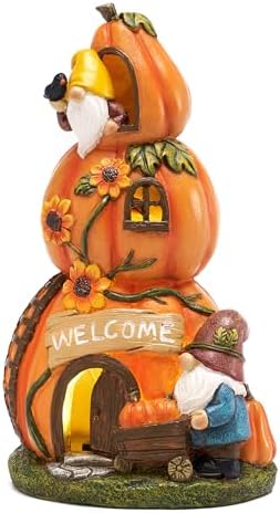 TERESA'S COLLECTIONS Herbstdeko Draußen Wichtel, Kürbishaus Solar 17cm | Herbst Figuren Zwerge, Feenhaus Outdoor,Gartendeko Kunstharz Wetterfeste,Herbst Erntedank Geschenke