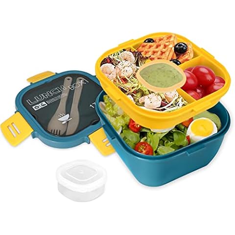 MDHAND Salad Container 1700 ml Bento Box with 3 Compartments and Sauce Box, Salad Box with Dressing Container, Leak-proof Lunch Box with Fork and Knife, Leak-Proof, Microwave Safe (Blue) Cover