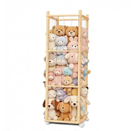 Image of Stuffed Animal Storage, Wood Stuffed Animal Zoo Storage with Brake Wheels, Space Save Toy Organizer, Large Capacity Stuffed Animal Holder, Perfect for Nursery Playroom Kidroom Bedroom