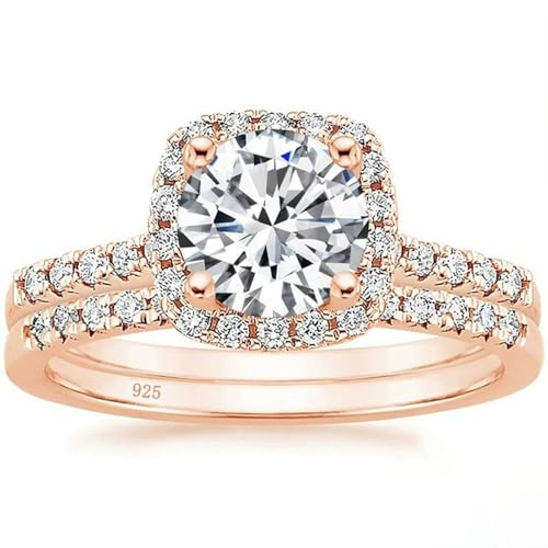 Grewod Fashion Ring 925 Sterling Silver Women Rose Gold 2 Ring Set with 7mm Round Cubic Zirconia Travel Engagement Size 7