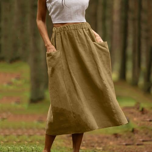 Womens Beach Skirts Summer Comfy Cotton Linen Skirts Basic Solid Color Elastic Waist A-Line Midi Skirts with Pockets2
