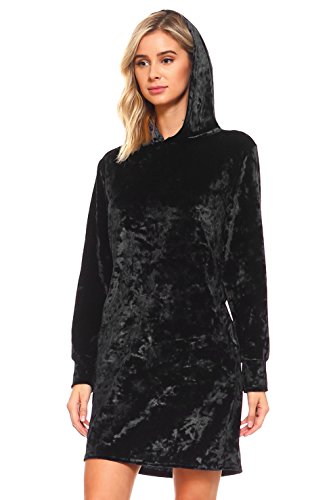ICONOFLASH Women's Crushed Velvet Hoodie Dress with Pockets (Black, Small)  at Amazon Women's Clothing store