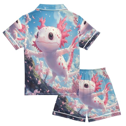 Satin Pajama Sets Short Sleeve Cute Axolotl Pink Cherry Blossoms Button Down Silky Nightwear 2 Piece PJS 5-14Y2