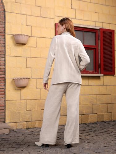 Image of Kvetoo Women Winter Coord Set Wool Blend High Neck Sweater and Wide Leg Pants Warm Tracksuit Pajama Set Two Piece Knitwear Travel Wear for Lounge Casual Office Cream Size S