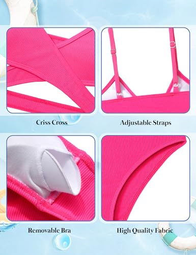 Image of Girls Swimsuit Bikini Set,Criss Cross Bathing Suits for Girl Two Piece Solid Color Girls' Swimwear for 7-16 Years