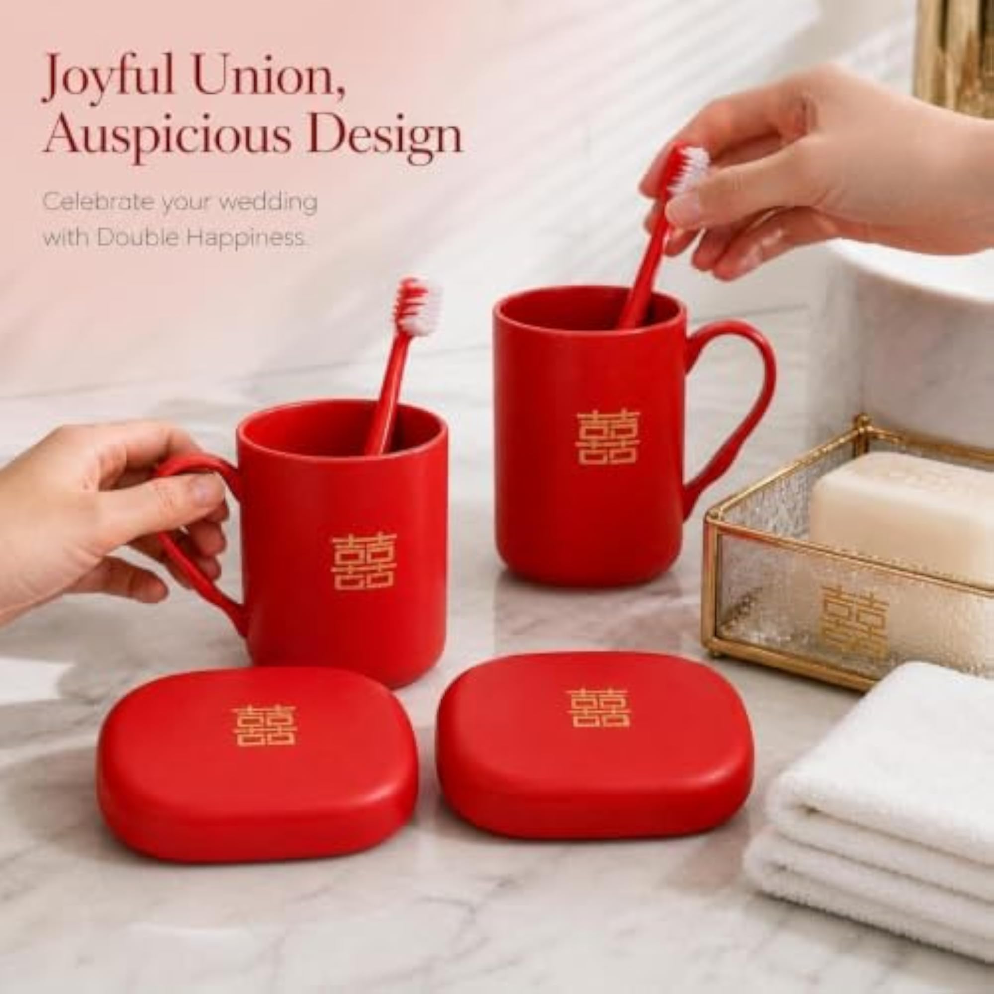 Wedding Bathroom Set with Double Happiness Cups & Toothbrush Holders