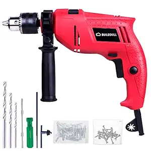 Buildskill Pro BGSB13RE 13mm Impact Drill Machine Combo with Drill Bits, Screwdriver, Chuck Key, Powerful Motor 500W 2800RPM, Dual Mode Switch, Forward/Reverse with Variable Speed For Drilling Wood, Steel & Masonry (Red)