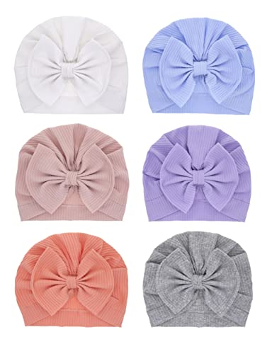 ZURLEFY 6 PCS Cotton Baby Hat with Bows for Girls, Pink Stretchy Baby Hats, Baby Boy Turban Hat for Toddler Infant Caps