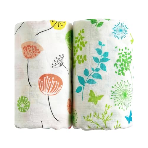 Margaux & May Organic Muslin Swaddle Blankets 2 Pack - 100% Organic, Large 47x47 Inches, Breathable Baby Blankets, Pink Dandelion and Green Meadow