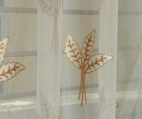 Image of littlelotus Leaf Pattern Embroidery Tissue Net Sheer Transparent Curtains for Door 7 feet Long Set of 2, Cream
