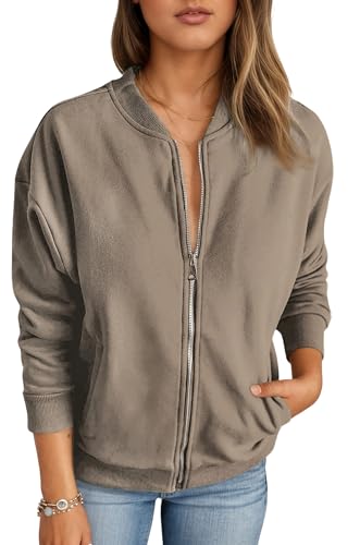 Timuspo Long Sleeve Zip Up Ladies Jacket Trendy Womens Aviator Jackets Casual Loose Sweatshirts Solid Color with Pockets Outerwear Light Brown M