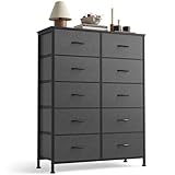 Sweetcrispy 10 Drawer Fabric Dresser Storage Tower with Bins, Tall Chest Organizer for Bedroom Closet Hallway, Steel Frame Wood Top Easy Pull Handles,Dark Gray