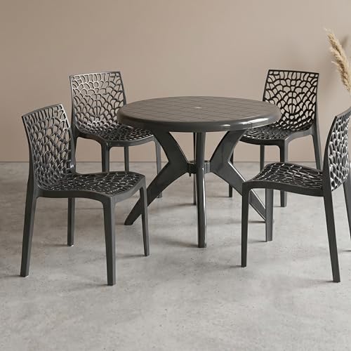 Image of Supreme Web Chair & Marina Table 5-Piece Set | Heavy Duty Plastic 4-Seater Dining Set for Living Room, Garden, Cafe & Outdoor Balcony, Color: Black