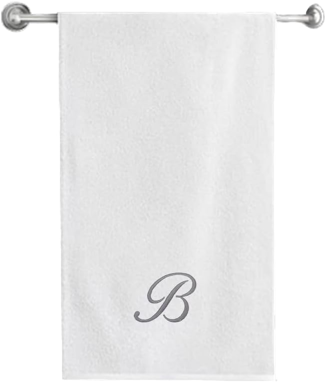BYFT Embroidered For You (White) Luxury Monogrammed Bath Towel (70 x 140 Cm -Set of 1) 100% Cotton, Highly Absorbent and Quick dry, Classic Hotel and Spa Quality Bath Linen -600 Gsm (Silver Letter B)