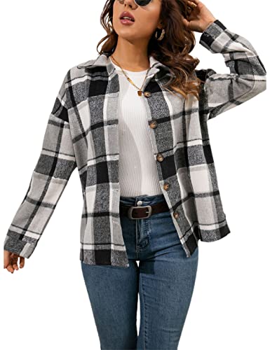 Springrain Womens Plaid Flannel Shacket Wool Blend Button Down Casual Shirt Jacket (#2 Grey, S)