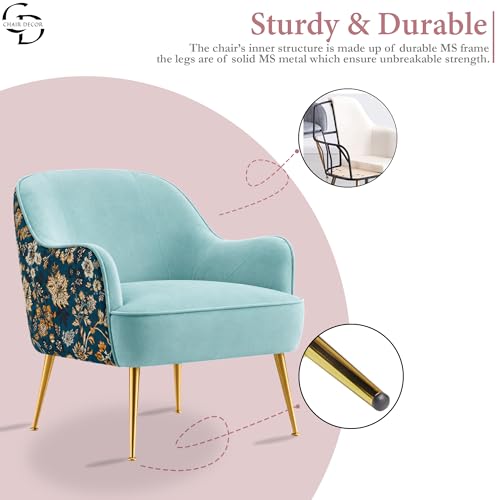 Image of Accent Chair with Ottoman | Modern Velvet Lounge Chair with Floral Designer Back | Upholstered Armchair for Living Room, Bedroom & Cafe | Golden Legs