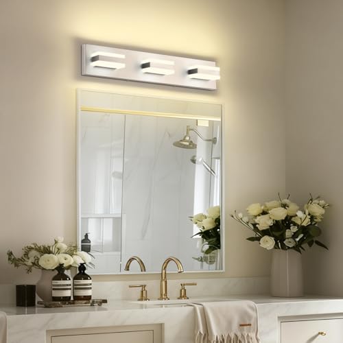 Image of SOLFART Vanity Lighting Over Mirror, 3 Lights Brushed Nickel Bathroom Light, Modern LED Light Fixtures, 5 Color Temperature Adjustable Modern Light for Bathroom ETL Listed
