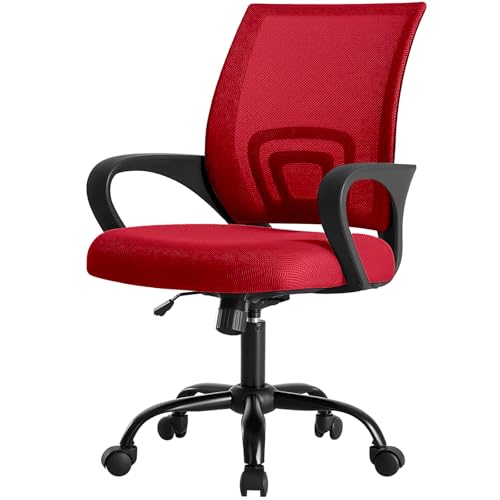DUMOS Home Office Chair - Ergonomic Mid Back Mesh Desk Chair with Lumbar Support & Rocking Mode Height Adjustable with Fixed Armrest for Computer Gaming Meeting 360 Swivel Red
