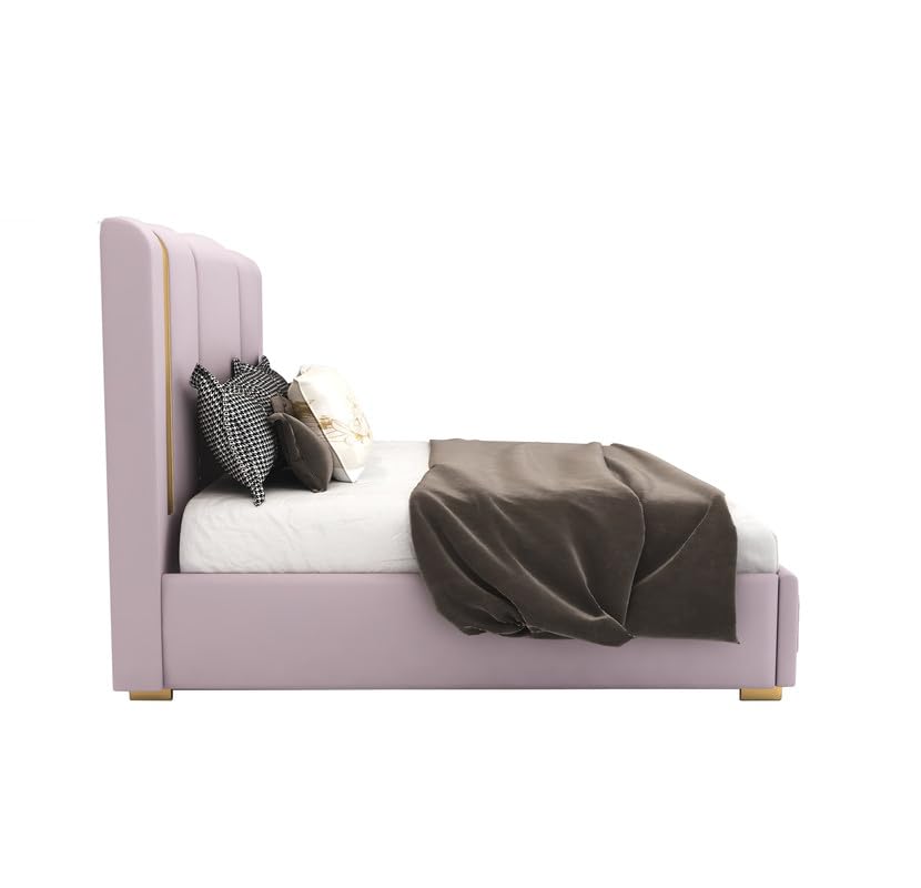 Image of STRATA FURNITURE Solid Wood King Size Bed with Box Storage and Upholstered Headboard | Modern Wooden Double Bed Cot Palang Furniture for Bedroom, Hotels, Living Room, Home (Light Purple)