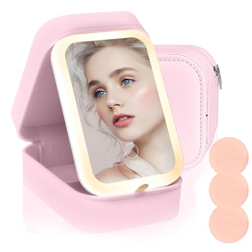 Kosmetiktasche mit Beleuchtetem Spiegel, mit 3 Farbmodi Dimmbaren Lichtspiegel, Professionelle Make up Tasche, mit Spiegel und Licht, wasserdichte, für Unterwegs(Rosa, Kleine)
