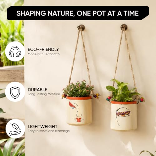 Image of AAKRITI ART CREATIONS Terracotta Handpainted Planters Set of 2 | Liza Design, Modern Art, White Matte Finish | Decorative Planters for Indoor & Outdoor Home Decor