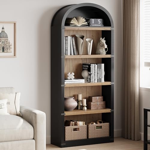 GarveeHome Bookcase 5 Shelf Arched Bookshelf 71.65in Tall Bookcase Farmhouse Display Storage Rack Wooden Bookshelves for Home Office, Living Room (Bla