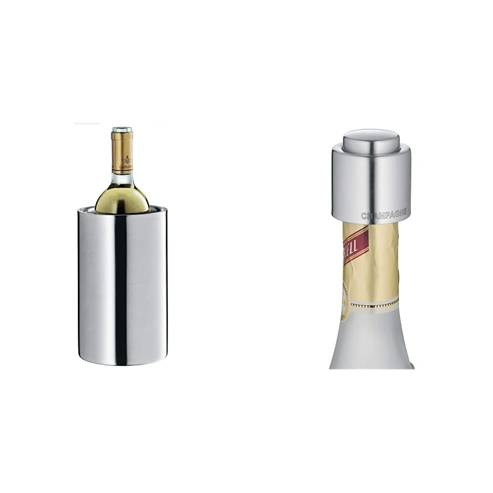 WMF Clever&More Sekt-Weinkühler Edelstahl 19,5 cm, Flaschenkühler doppelwandig & Clever&More Sektverschluss mit Aufschrift 3,5 cm, Champagner Verschluss, Sektflaschenverschluss